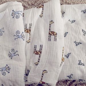 3 Aden and Anais muslin swaddle blankets, monkey, birds, giraffes